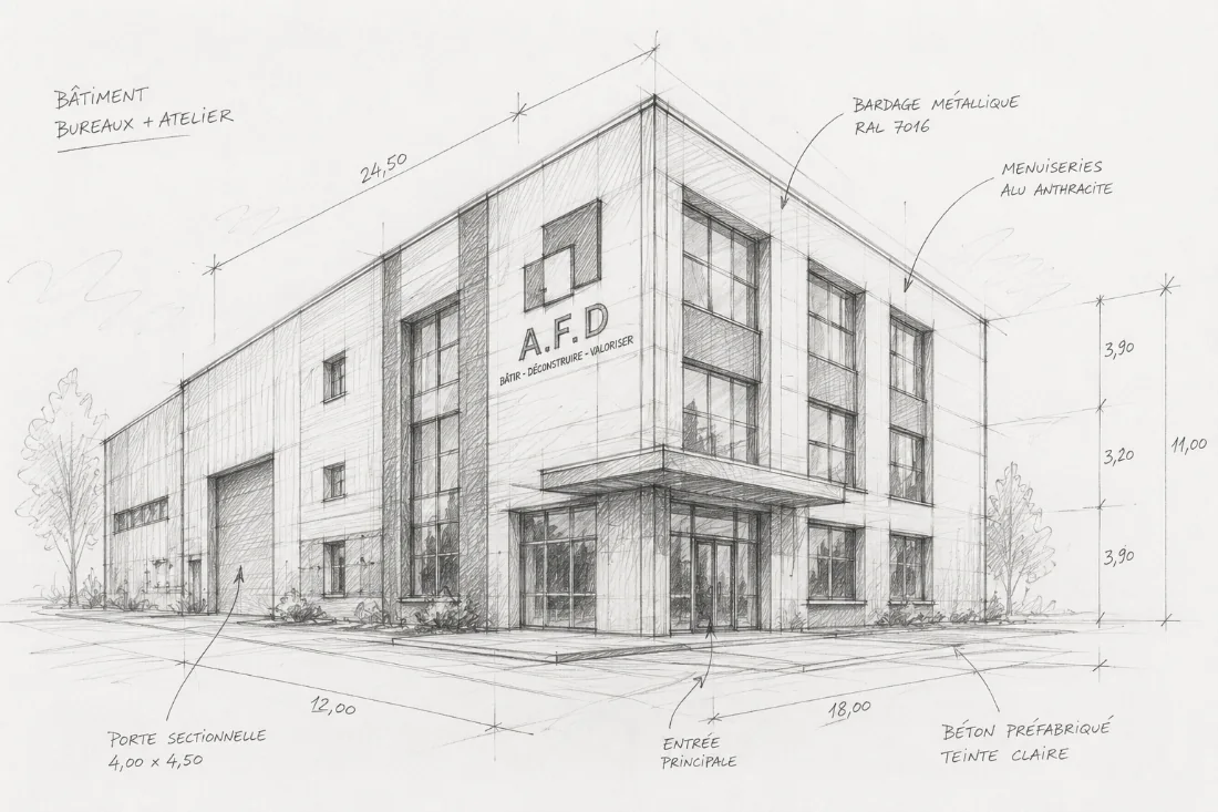 Croquis du siège AFD — étude bureaux + atelier